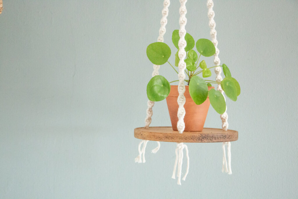  macrame plantenhanger met plankje in naturel kleur 